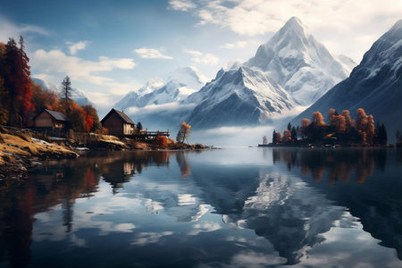Tranquil Alpine Lake Scene: Small House and Mountains. Generative AIの素材