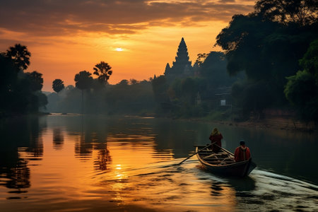 Serene Cambodia Temple and River Landscape. Generative AIの素材