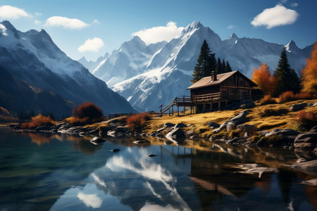 Tranquil Alpine Lake Scene: Small House and Mountains. Generative AIの素材