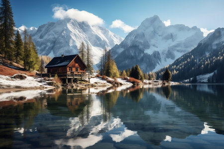 Tranquil Alpine Lake Scene: Small House and Mountains. Generative AIの素材