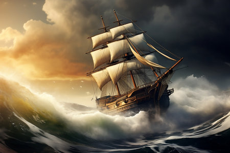 Timeless Sailing Ship Adrift in the Vast Ocean. Generative AIの素材