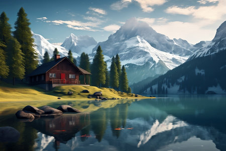 Tranquil Alpine Lake Scene: Small House and Mountains. Generative AIの素材