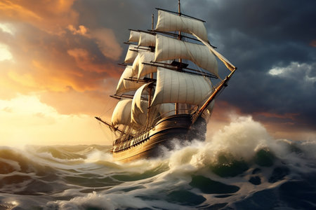 Timeless Sailing Ship Adrift in the Vast Ocean. Generative AIの素材