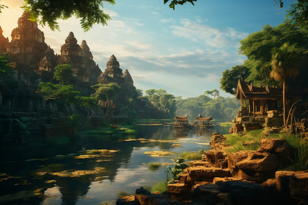 Serene Cambodia Temple and River Landscape. Generative AIの素材