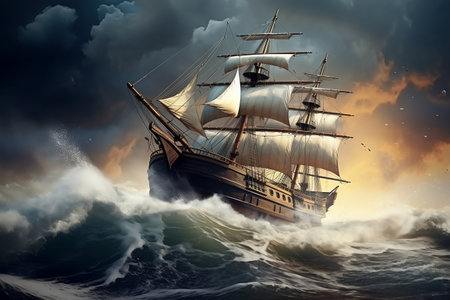 Timeless Sailing Ship Adrift in the Vast Ocean. Generative AIの素材