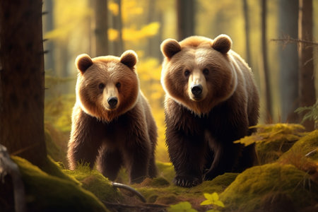 Two Brown Bears in the Forest. Generative AIの素材