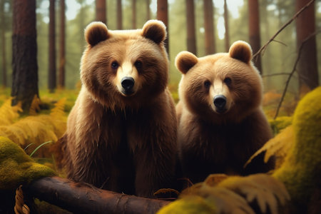 Two Brown Bears in the Forest. Generative AIの素材