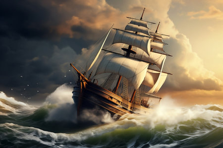 Timeless Sailing Ship Adrift in the Vast Ocean. Generative AIの素材