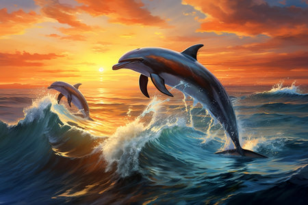 Graceful Dolphins Leaping Amid Ocean Waves. Generative AIの素材