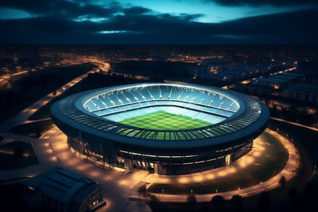 Luminous Football Stadium Amidst Greenery. Generative AIの素材