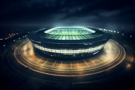 Luminous Football Stadium Amidst Greenery. Generative AIの素材