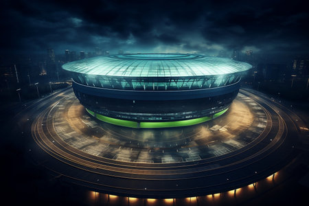 Luminous Football Stadium Amidst Greenery. Generative AIの素材