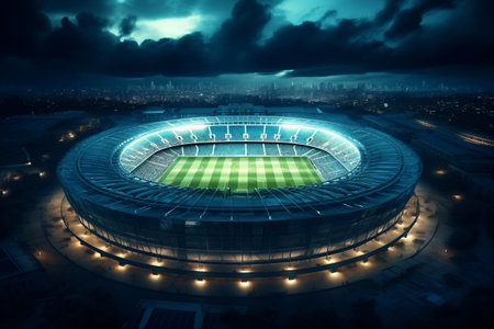 Luminous Football Stadium Amidst Greenery. Generative AIの素材
