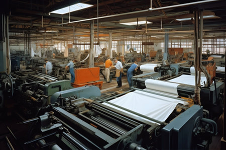 Textile Factory's Interior with Machinery. Generative AIの素材