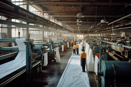Textile Factory's Interior with Machinery. Generative AIの素材