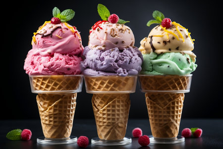 Colorful Ice Cream Delight in a Waffle Cup. Generative AIの素材
