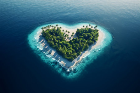 Heart-Shaped Island in a Turquoise Sea. Generative AIの素材