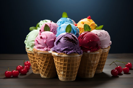 Colorful Ice Cream Delight in a Waffle Cup. Generative AIの素材
