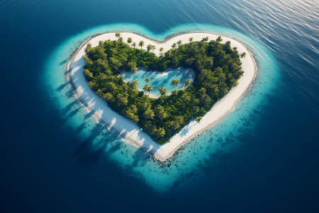 Heart-Shaped Island in a Turquoise Sea. Generative AIの素材