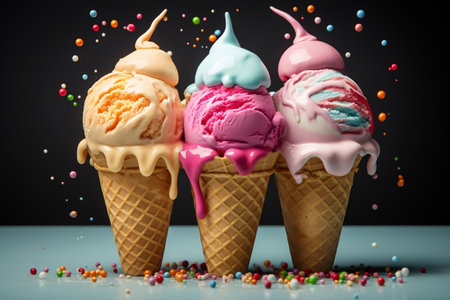 Colorful Ice Cream Delight in a Waffle Cup. Generative AIの素材