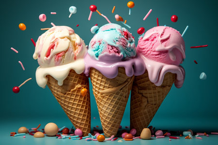 Colorful Ice Cream Delight in a Waffle Cup. Generative AIの素材