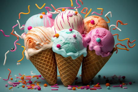 Colorful Ice Cream Delight in a Waffle Cup. Generative AIの素材