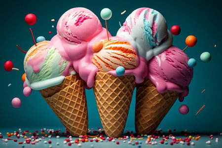 Colorful Ice Cream Delight in a Waffle Cup. Generative AIの素材