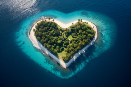 Heart-Shaped Island in a Turquoise Sea. Generative AIの素材