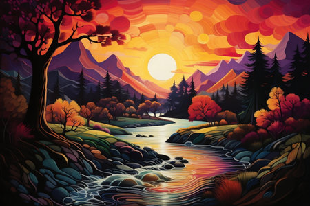 Serenity River Landscape. Generative AIの素材