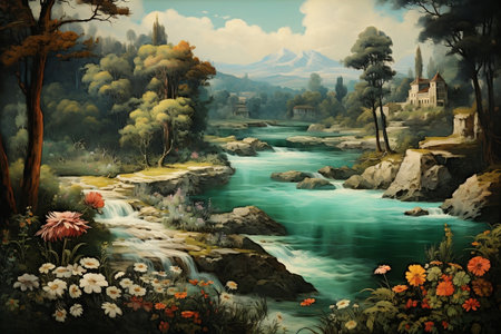 Serenity River Landscape. Generative AIの素材