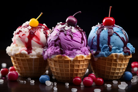Colorful Ice Cream Delight in a Waffle Cup. Generative AIの素材
