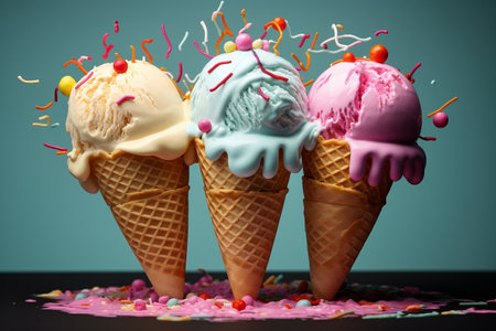 Colorful Ice Cream Delight in a Waffle Cup. Generative AIの素材