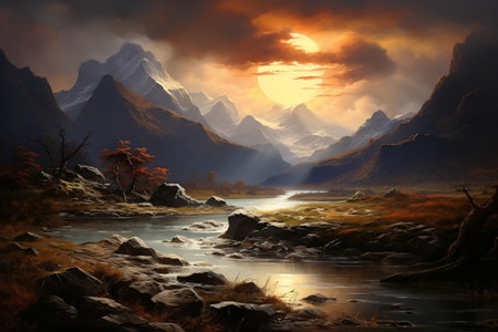 Serenity River Landscape. Generative AIの素材