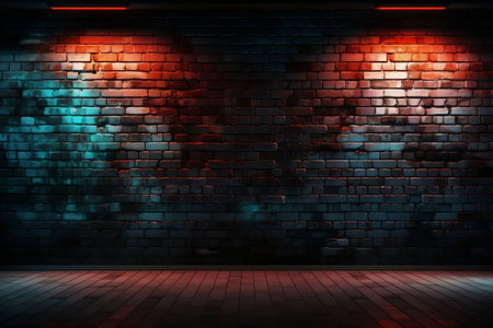 Neon-Lit Old Brick Wall. Generative AIの素材