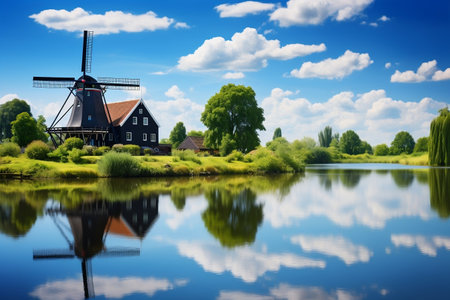 Idyllic Netherlands Landscape River and Windmill. Generative AIの素材