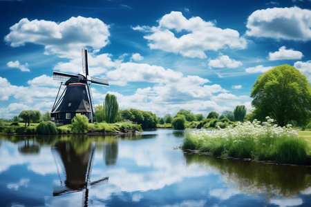 Idyllic Netherlands Landscape River and Windmill. Generative AIの素材