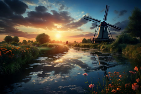 Idyllic Netherlands Landscape River and Windmill. Generative AIの素材