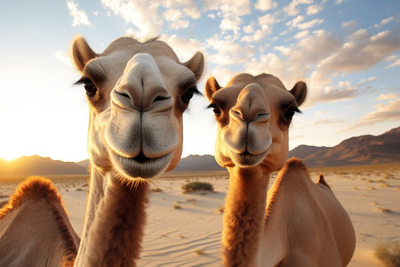 Wild Camels' Desert Gaze. Generative AIの素材
