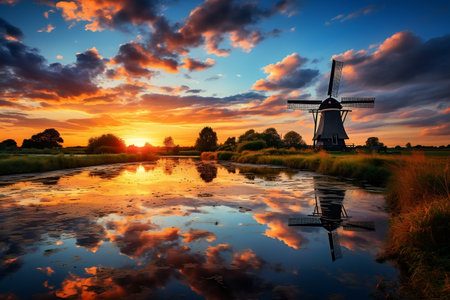 Idyllic Netherlands Landscape River and Windmill. Generative AIの素材