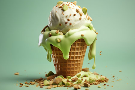 Delicious Pistachio Ice Cream in a Waffle Cup. Generative AIの素材