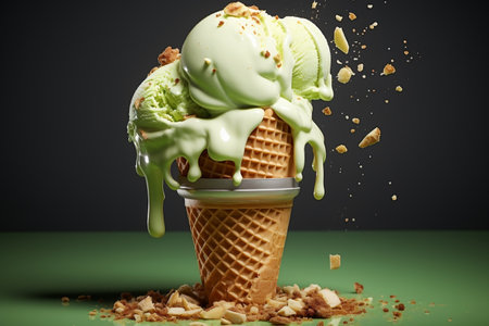 Delicious Pistachio Ice Cream in a Waffle Cup. Generative AIの素材