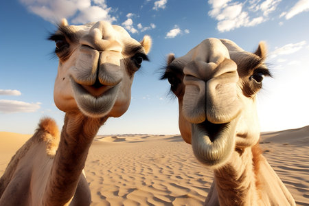 Wild Camels' Desert Gaze. Generative AIの素材