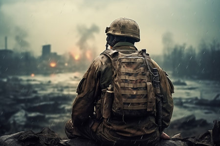 Silhouetted Soldier: Blurred Background View. Generative AIの素材