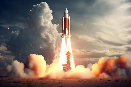 Space Rocket Soaring from Mysterious Planet. Generative AIの素材