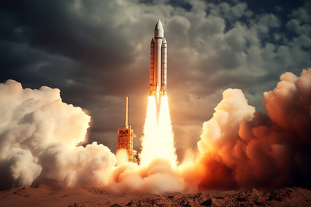 Space Rocket Soaring from Mysterious Planet. Generative AIの素材