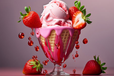 Delicious Strawberry Ice Cream with Real Strawberry Pieces. Generative AIの素材