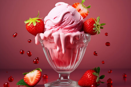 Delicious Strawberry Ice Cream with Real Strawberry Pieces. Generative AIの素材