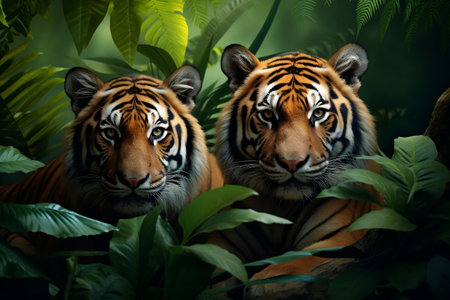Two Bengal Tigers in the Jungle. Generative AIの素材