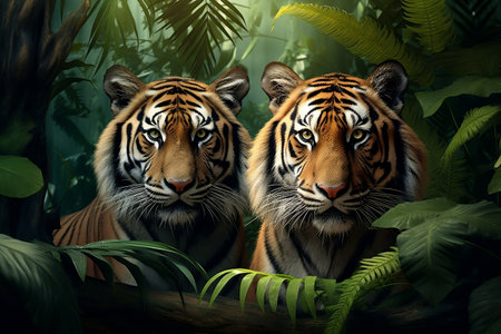 Two Bengal Tigers in the Jungle. Generative AIの素材