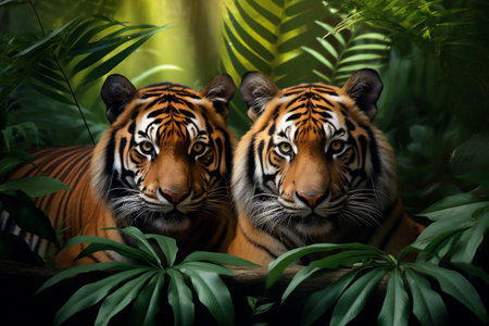Two Bengal Tigers in the Jungle. Generative AIの素材